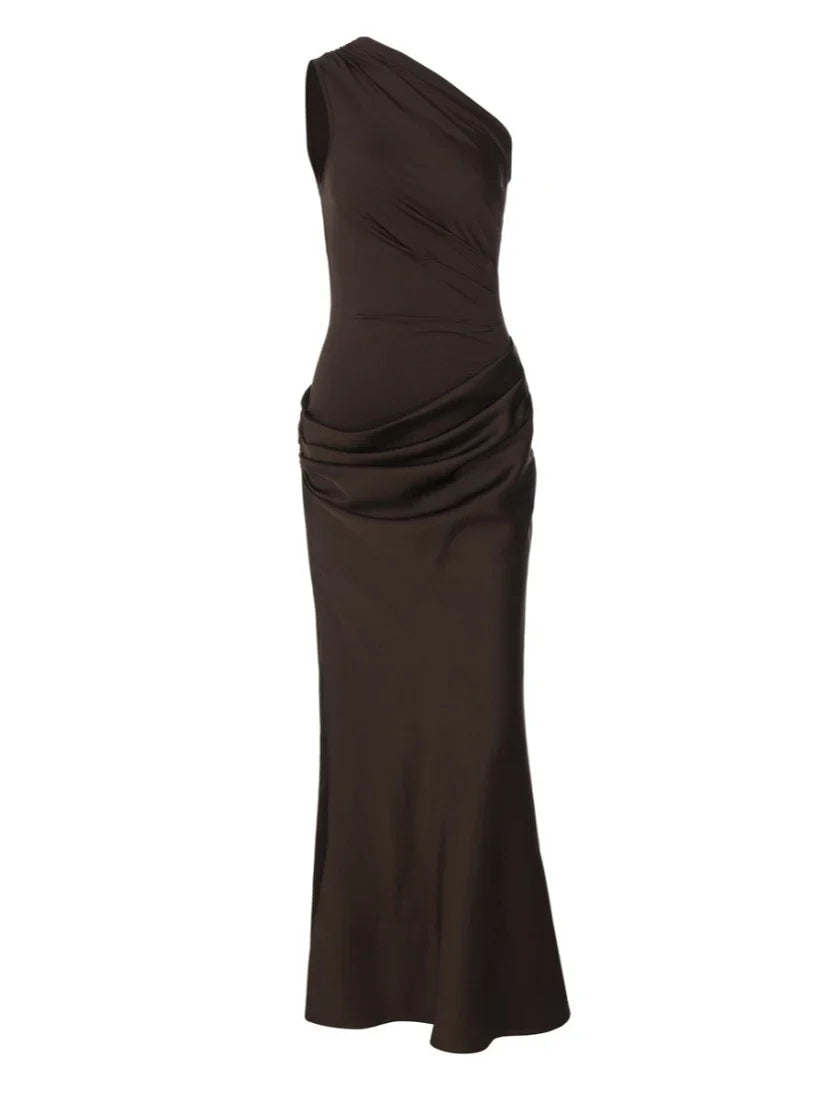 Sexy One Shoulder Sleeveless Maxi Dress Women Summer Fashion Diagonal Collar Satin Patchwork Ruched Slim Party Long Dress