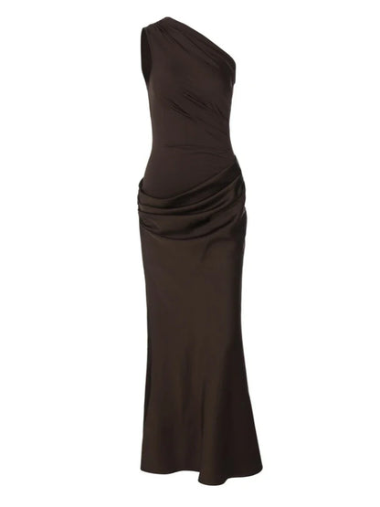Sexy One Shoulder Sleeveless Maxi Dress Women Summer Fashion Diagonal Collar Satin Patchwork Ruched Slim Party Long Dress