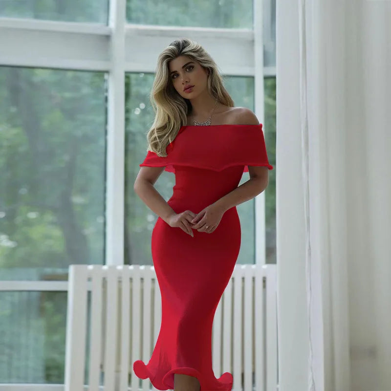 Off Shoulder Ruffle Bardot Mermaid Hem Bodycon Midi Dress