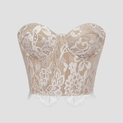 Sexy French Printed Corset Lace Steel Ring Fishbone Rib Ribbed Plunge Bra