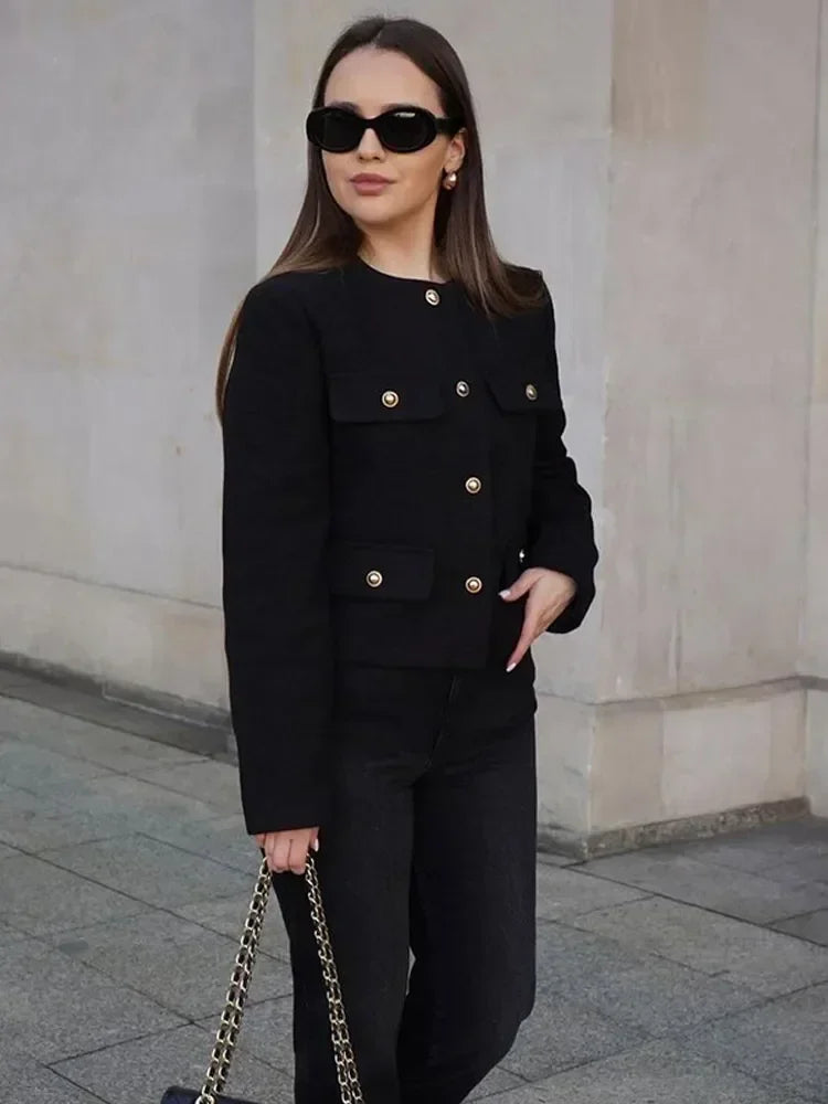 Elegant Solid Button Fake Pocket Jacket Women's Fashion O-neck Long Sleeve Single Breasted Cropped Coats New Lady Chic Outerwear