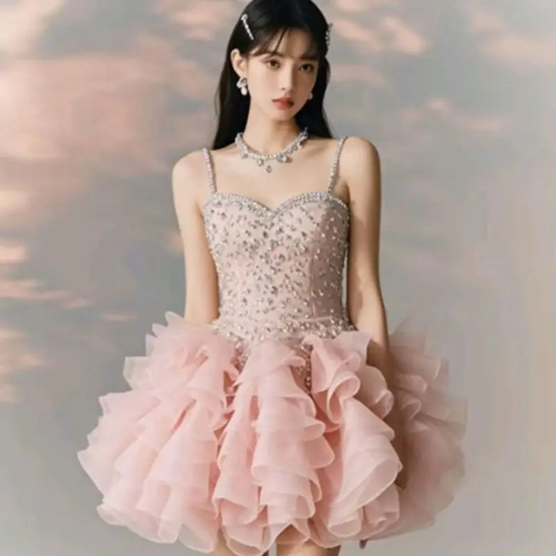 New Sleeveless Birthday Princess Party Dress for Girls Sweet High Waist Slimming A-line Rufffle Puffy Strap Mini Dress for Women