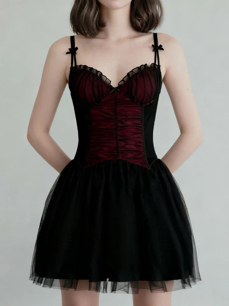 Gothic Black Bow Spaghetti Strap Dress Women Fashion Ruched V Neck Sleeveless Mesh Patchwork A Line Mini Dress Clubwear