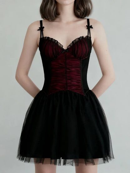 Gothic Black Bow Spaghetti Strap Dress Women Fashion Ruched V Neck Sleeveless Mesh Patchwork A Line Mini Dress Clubwear