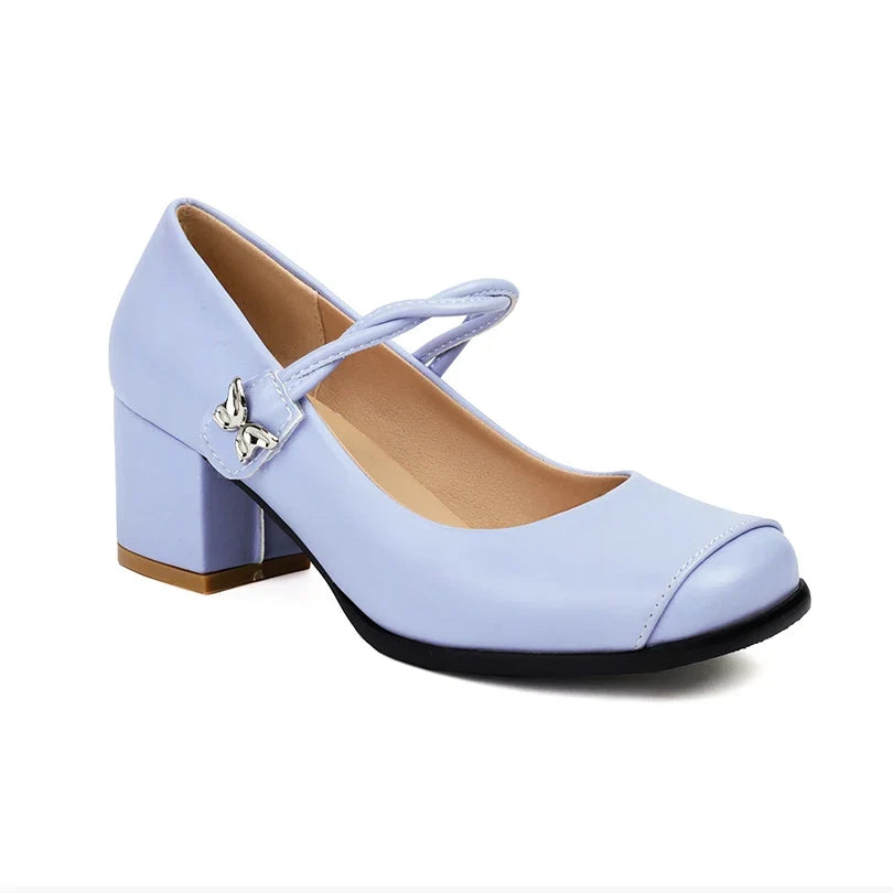 Plus Size Round Toe Thick Heel Metal Butterfly Decoration Office Lady's Shoes With Crossed Thin Straps And Shallow Mouth Pumps