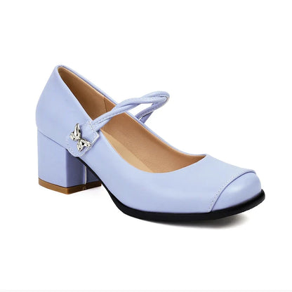 Plus Size Round Toe Thick Heel Metal Butterfly Decoration Office Lady's Shoes With Crossed Thin Straps And Shallow Mouth Pumps