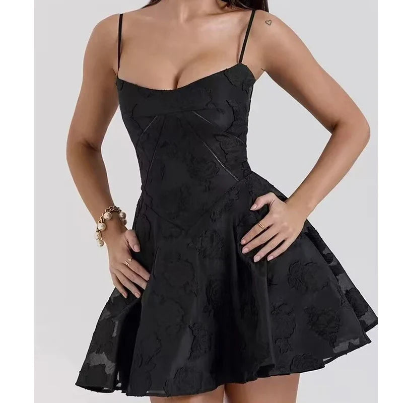 Vintage Jacquard Sling Sexy Dress For Women Thin Straps O Neck Low Waist A-line Mini Dresses Female Lace Up Back Summer Robe