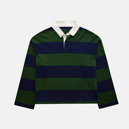 Women Y2K Vintage Retro Sweatshirts Long Sleeve Lapel Button V-Neck Pullover Top Loose Striped Rugby Pol0 Tee Shirts
