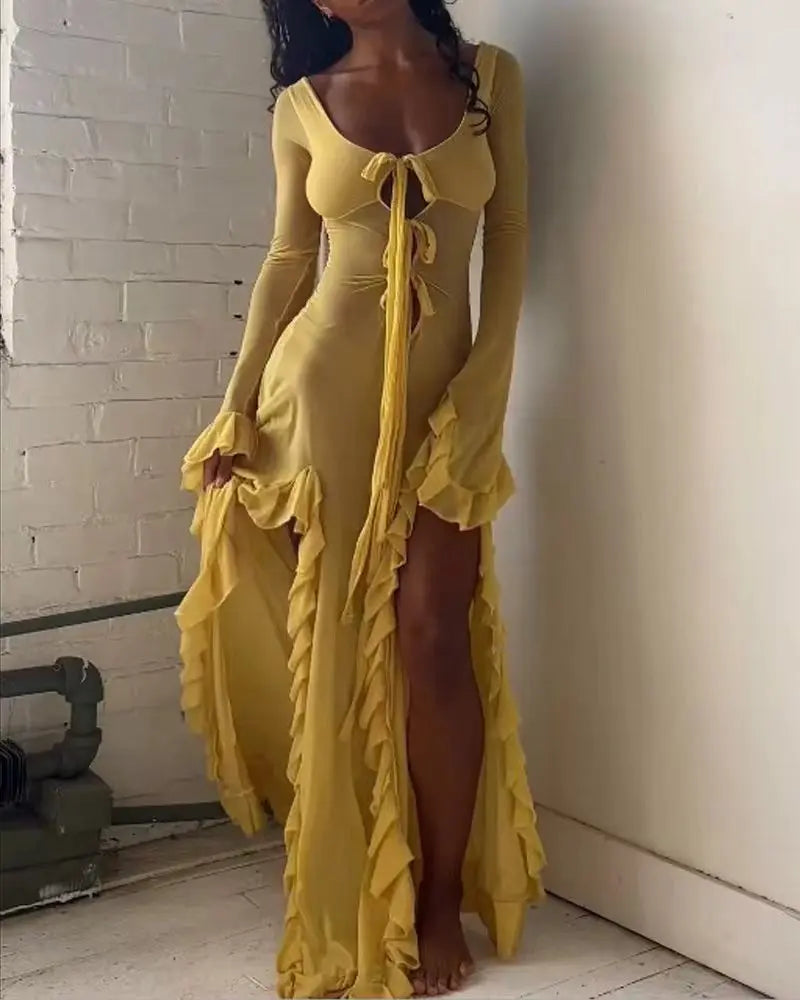 Deep U-Neck Tie Front Bell Cuff Ruffle Slit Maxi Dress