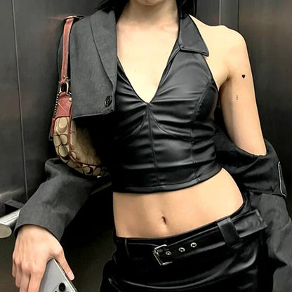Gothic Halter V-neck Faux Leather Vest Y2K Backless Zipper Black Slim Crop Top Punk Style Women Sexy Tank Camis 90s