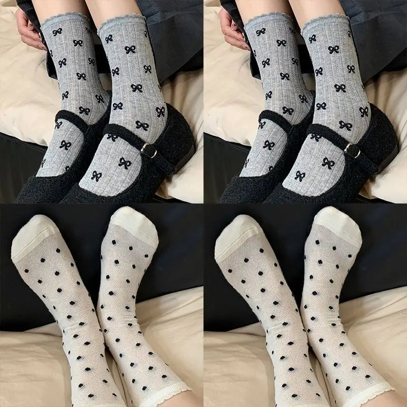 Summer Thin Bow Dot Lace Mid Tube Socks Versatile Mesh Hollow College Style Sweet Stacked Socks Japanese JK Calf Socks for Women