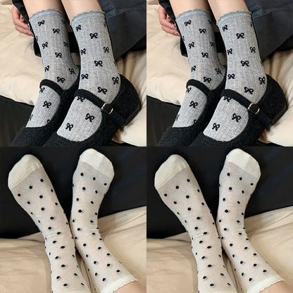Summer Thin Bow Dot Lace Mid Tube Socks Versatile Mesh Hollow College Style Sweet Stacked Socks Japanese JK Calf Socks for Women