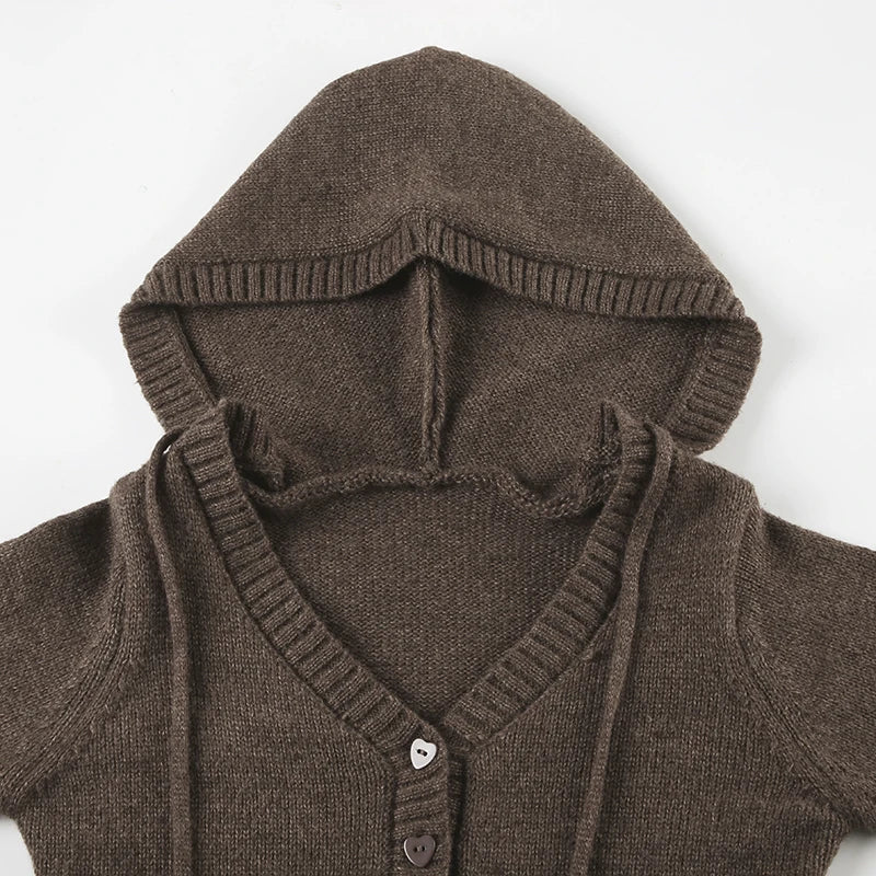 Y2K Brown V-neck Hooded Sweater Vintage Basic Slim Button Up Knitted Pullovers Autumn Casual Streetwear Outfits Lady