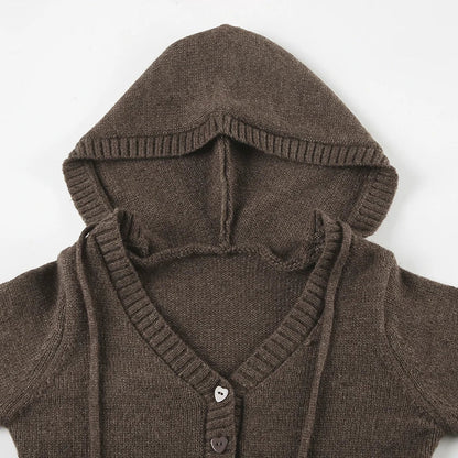 Y2K Brown V-neck Hooded Sweater Vintage Basic Slim Button Up Knitted Pullovers Autumn Casual Streetwear Outfits Lady