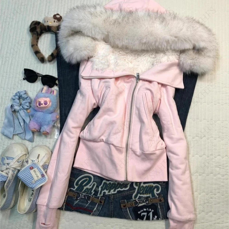 Pink Hoodie 2000s Cute Clothes Spicy Girls Streetwear High street Classic Minimalist Unique Casual Jacket Faux Fur Collar Hoody