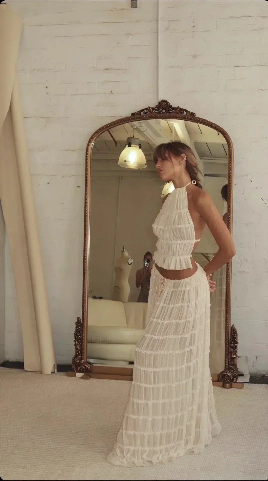 Halter Ruffled Neck Tiered Pleated Crinkle Crop Top and Maxi Skirt Set