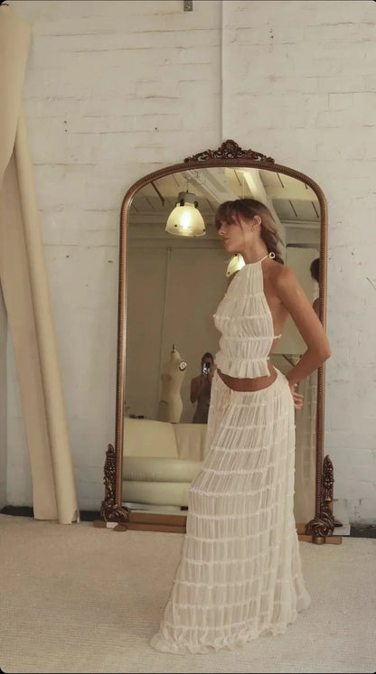 Halter Ruffled Neck Tiered Pleated Crinkle Crop Top and Maxi Skirt Set