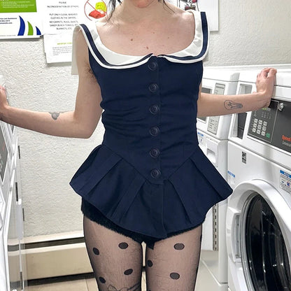 Sailor Collar Single-breasted A-Line Top Preppy Style Women's Pleated Sleeveless Tops Barbiecore Sleeveless T-shirt Y2K