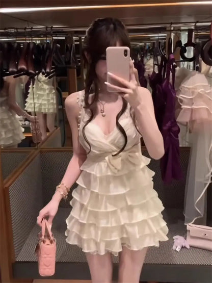 2000s Aesthetic Elegant Retro Women Summer Dresses Y2k Design Lace Beach Dress Female Bow Princess Chic Korean Popular Clothes