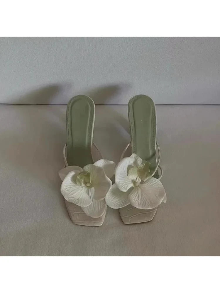 Pink Red Green Orchid Flowers Decor Outside Women Hight Heels Slippers Summer 2024 Thin Heels Ladies Flipflops
