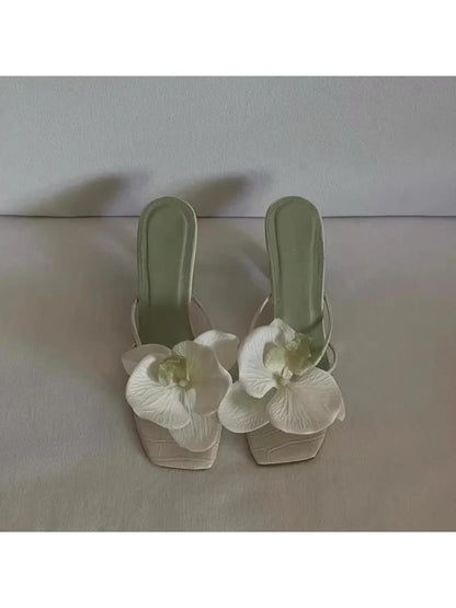 Pink Red Green Orchid Flowers Decor Outside Women Hight Heels Slippers Summer 2024 Thin Heels Ladies Flipflops