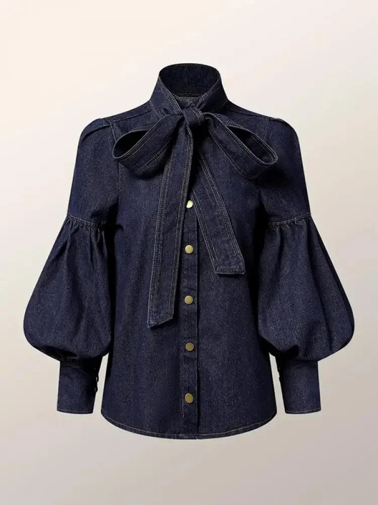 Female Stylish Tie Design High Neck Blouses New Autumn Fashion Imitation Denim Puff Sleeves Casual Shirts