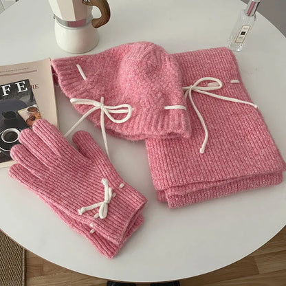 Knitted Scarf Gloves Caps Three Piece Set For Women&Men Winter Thicken Warm Bucket Hat Christmas Coldproof Hat Muffler Glove Set
