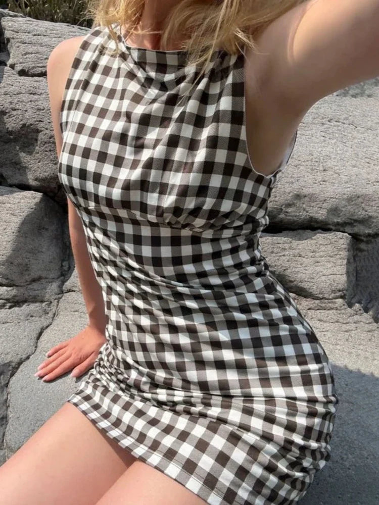 Elegant Women A Line Short Dress Fashion O Neck Plaid Print Sleeveless Tie Waist French Retro Casual Summer Mini Dress