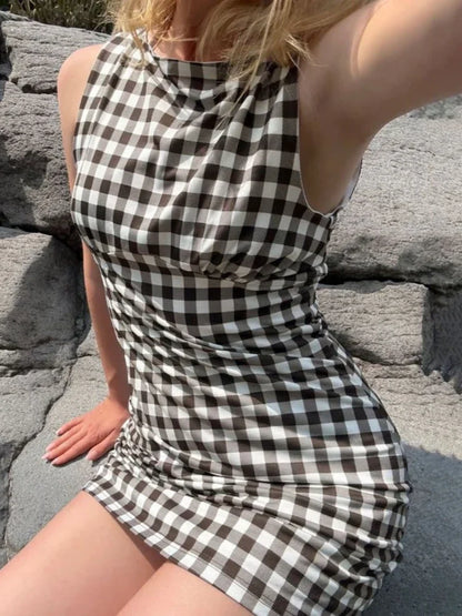 Elegant Women A Line Short Dress Fashion O Neck Plaid Print Sleeveless Tie Waist French Retro Casual Summer Mini Dress