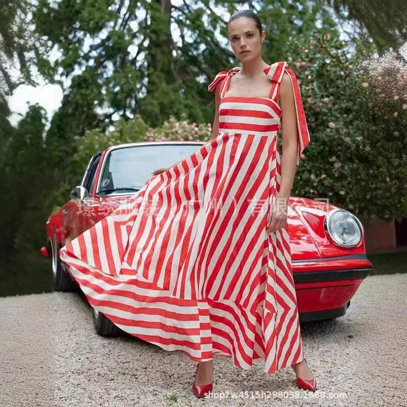 Fashion Stripe Printing Bow Lace Up Bow Sling Dress Women Elegant Sleeveless Backless Long Dresses 2024 New Lady Beach Vestidos