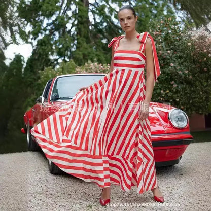 Fashion Stripe Printing Bow Lace Up Bow Sling Dress Women Elegant Sleeveless Backless Long Dresses 2024 New Lady Beach Vestidos