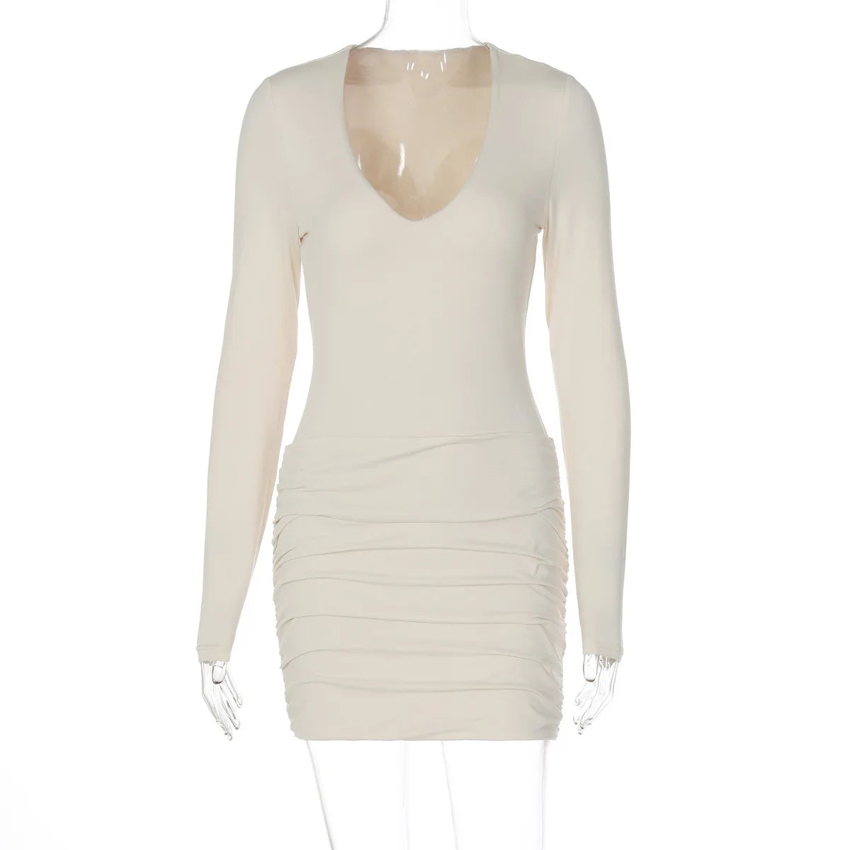 Women Solid Basic Ruched Bodycon Mini Dress Sexy V Neck Long Sleeve Peach Hips Slim Party Clubwear Autumn Casual Streetwear