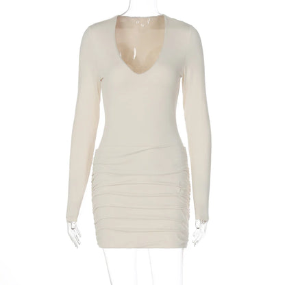 Women Solid Basic Ruched Bodycon Mini Dress Sexy V Neck Long Sleeve Peach Hips Slim Party Clubwear Autumn Casual Streetwear