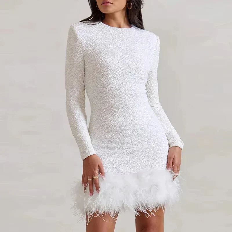 Sequin Round Neck Long Sleeve Feather Trim Bodycon Mini Dress