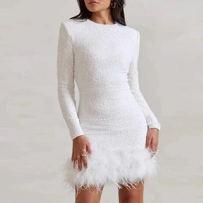 Sequin Round Neck Long Sleeve Feather Trim Bodycon Mini Dress