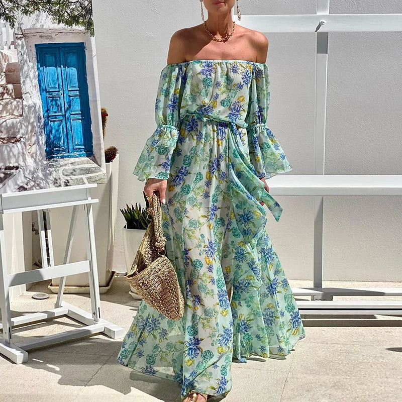 Elegant Draped Pleat Maxi Dress Elegant Bohe Flare Sleeve Female Dress Lady One Shoulder Lace-up Chiffon Vocation Dress