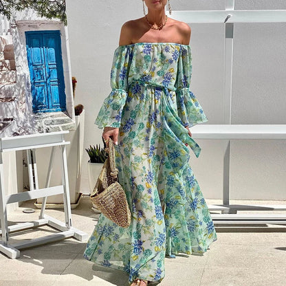 Elegant Draped Pleat Maxi Dress Elegant Bohe Flare Sleeve Female Dress Lady One Shoulder Lace-up Chiffon Vocation Dress