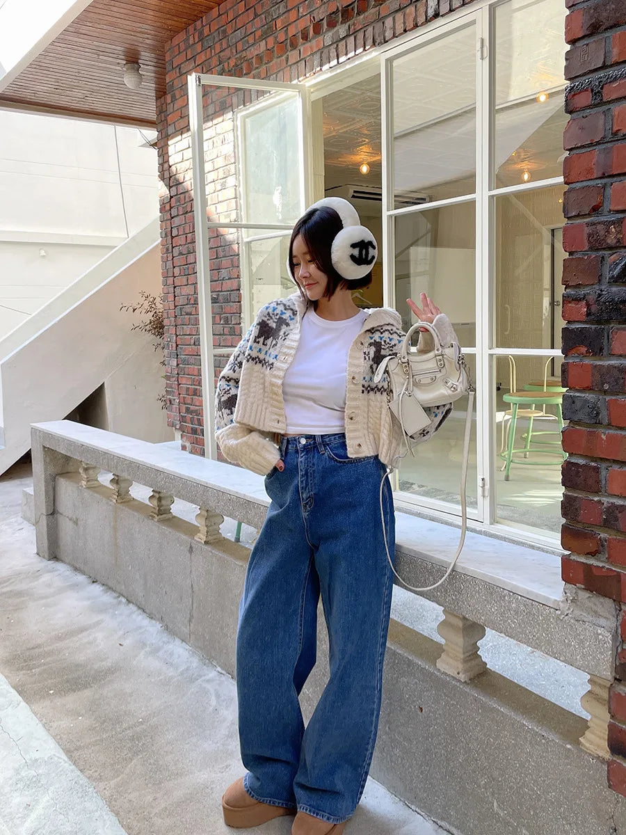 Retro Gentle Style Stand Collar Single Breasted Christmas Knitted Top Elk Jacquard Long Sleeve Sweater Jacket Cropped Cardigan