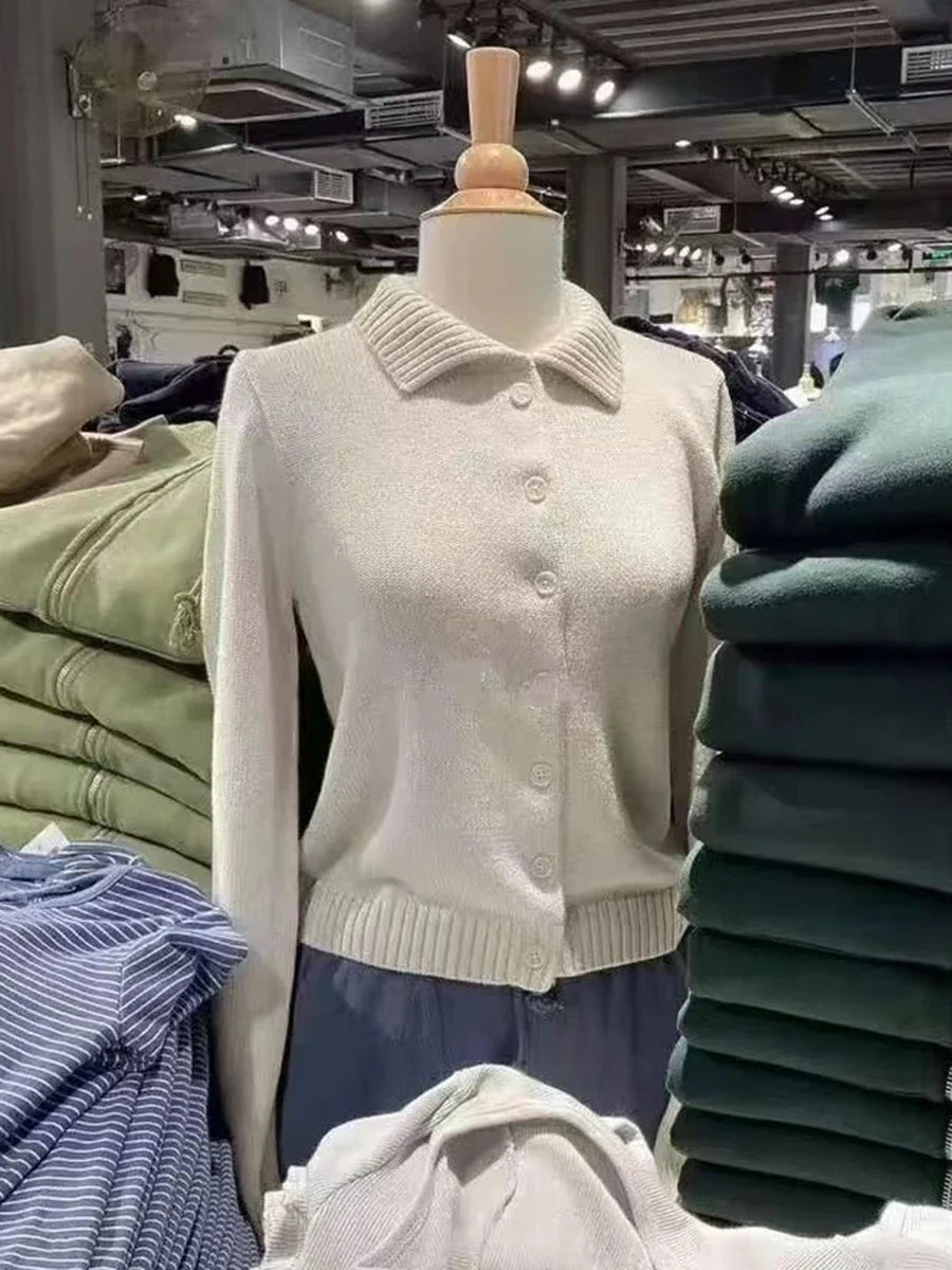 Beige Knit Short Sweater Cardigan Women Autumn Single Breasted Lapel Long Sleeve Sweaters Coat Cotton Casual Knitwear Top Y2k