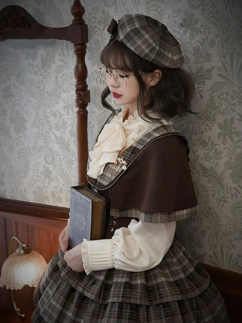 Lolita Detective Academy Retro Bow Tie Long Sleeve Shirts Autumn Victorian Elegant Ruched Solid All Match Women Blouse