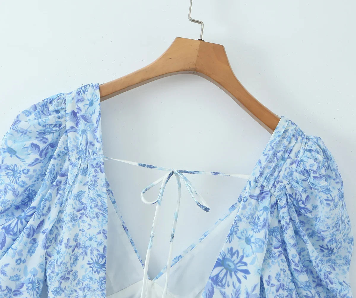 Summer Women Blue Floral Print A-line Mini Dresses Sexy Backless V Neck Lace Spliced Boho Dresses Female Holiday Robe New 2025