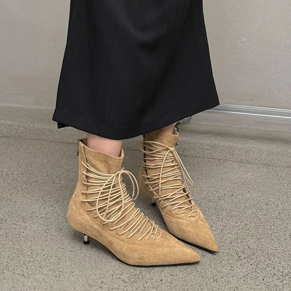 Fashion Pointed Toe Lace Up Ankle Boots Women High Quality Faux Suede Kitten Heel Designer Boot Comfort Back Zipper Modern Boots