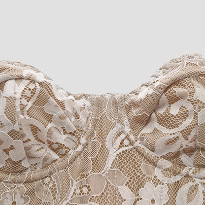 Sexy French Printed Corset Lace Steel Ring Fishbone Rib Ribbed Plunge Bra