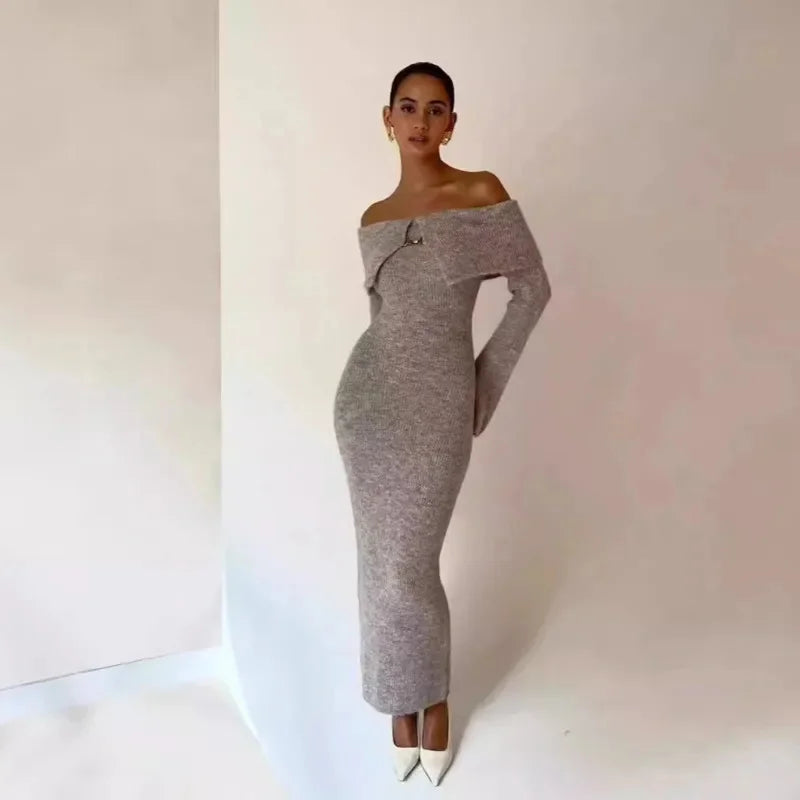 Off Shoulder Rib Knit Fold Over Collar Bodycon Maxi Dress