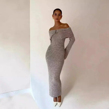 Off Shoulder Rib Knit Fold Over Collar Bodycon Maxi Dress
