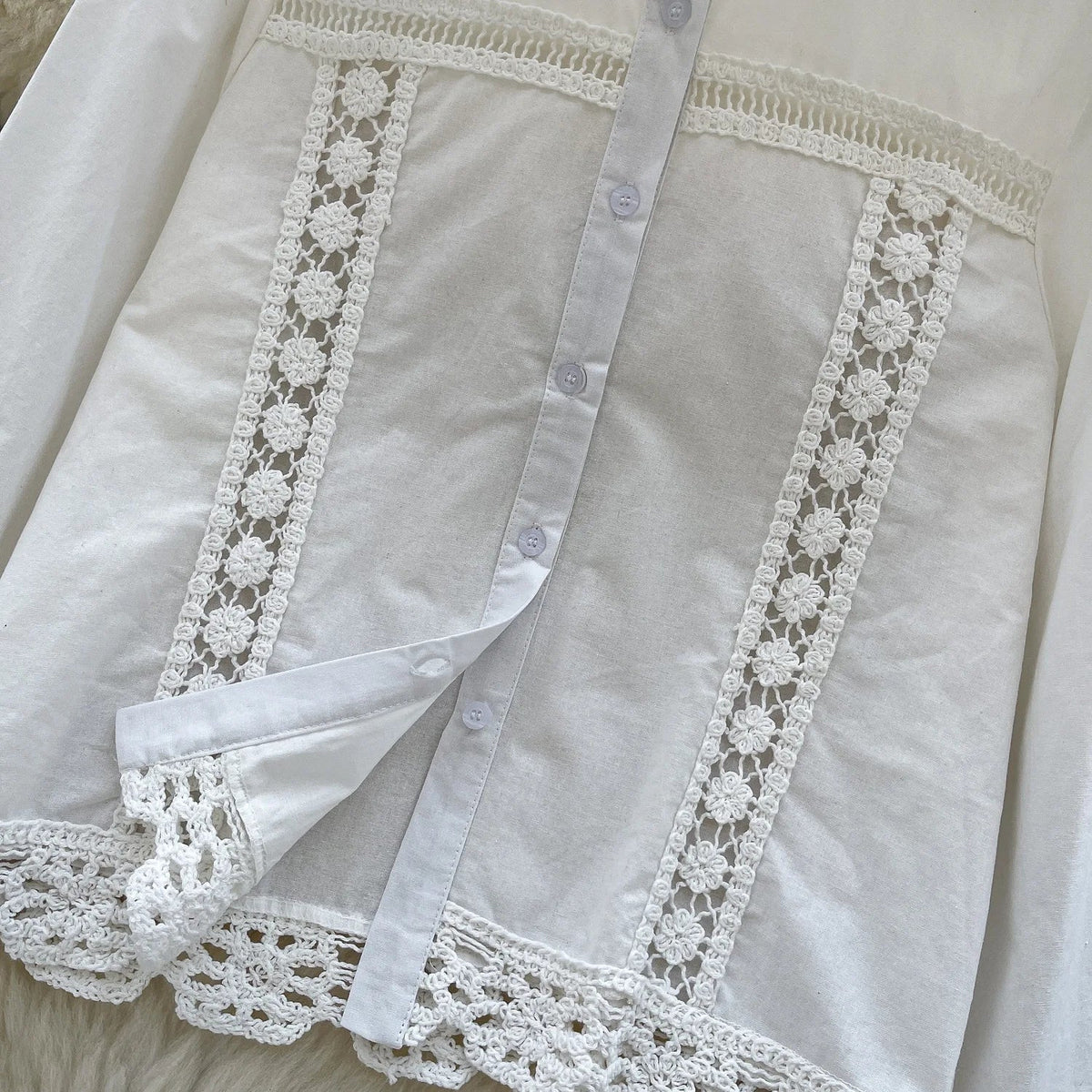 Crochet Patchwork Shorts Sets Women Single Breasted Lapel Collar Long Sleeve Blouse Summer Casual Fashion White Two-piece Set