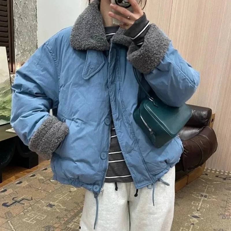 Lamb Wool Collar Spliced Cotton Jacket for Women with Fashionable Design Loose Winter Casual Cotton Jacket