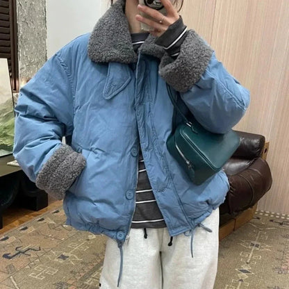 Lamb Wool Collar Spliced Cotton Jacket for Women with Fashionable Design Loose Winter Casual Cotton Jacket