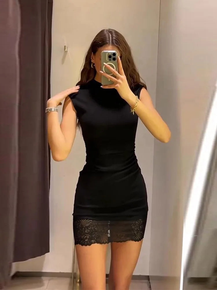 Sleeveless Stretch Lace Patchwork Short Dress Women Sexy O-neck Waist Cinching Hip Package Bodycon Evening Dresses Chic New Robe