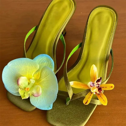 Sweet Summer Bright Color Asymmetrical Flower Decoration Sandals Silk Clip Thin Heel Flip Flops Casual Beach Vacation High Heel